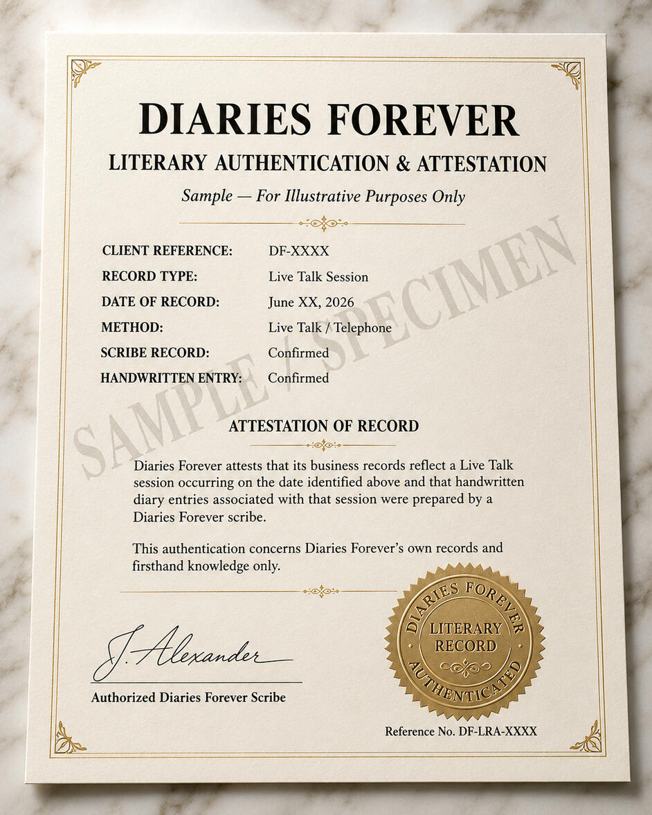 Sample Diaries Forever Literary Authentication & Attestation, marked Sample — For Illustrative Purposes Only and Sample Specimen. The sample identifies a client reference, record type, date of record, method, confirmed scribe record, and confirmed handwrit