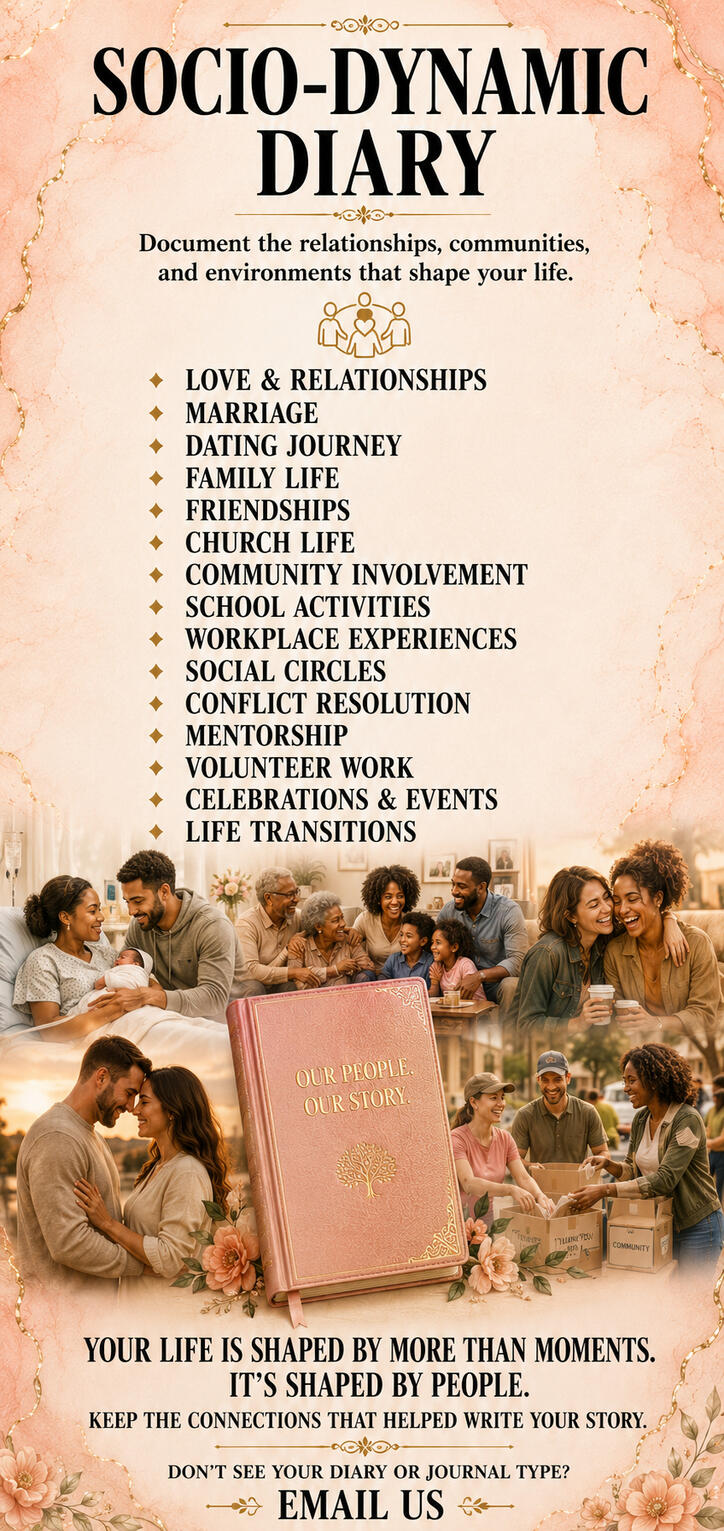 Socio-Dynamic Diary for documenting relationships, marriage, family, friendships, church life, community involvement, social circles, mentorship, events, and life transitions.
