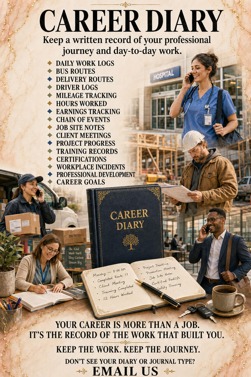 Career Diary for documenting work logs, routes, mileage, earnings, job-site notes, training, certifications, workplace incidents, professional development, and career goals.