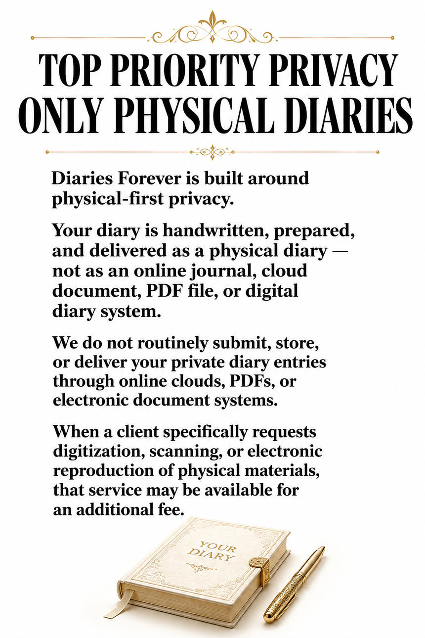 Diaries Forever 100% Privacy Pledge. Private from the first word to the final page. A commitment to physical-first diary privacy, confidential personal communications, and protection of each client's private story.