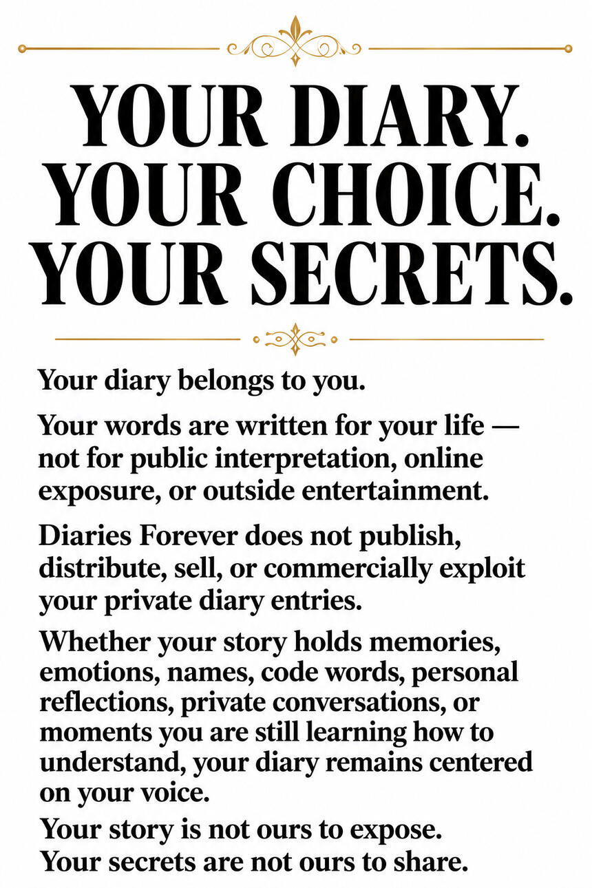 Your Diary. Your Choice. Your Secrets. Your diary belongs to you. Your words are written for your life, not for public interpretation, online exposure, or outside entertainment. Diaries Forever does not publish, distribute, sell, or commercially exploit yo