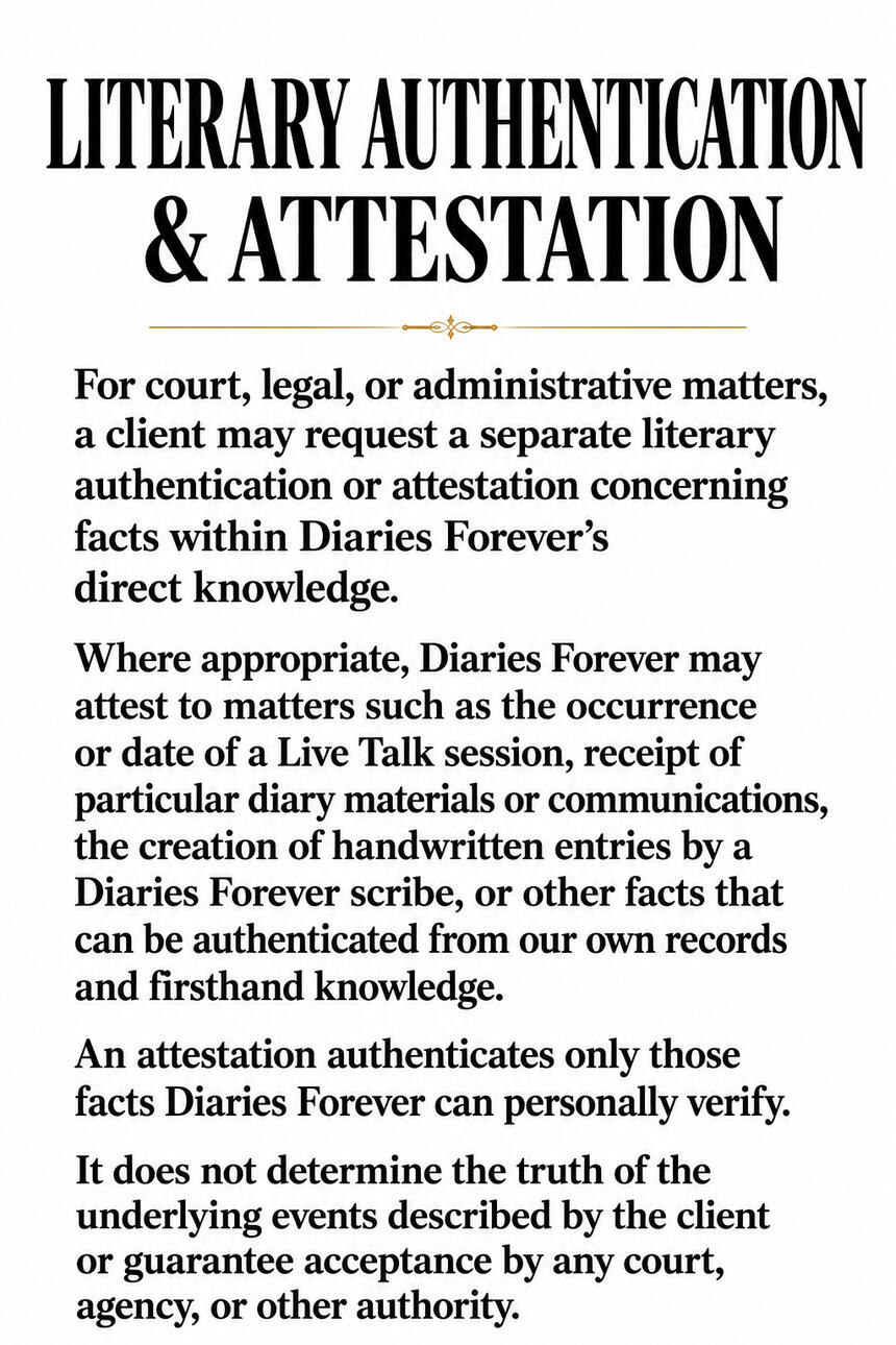 Literary Authentication & Attestation. For court, legal, or administrative matters, a client may request a separate literary authentication or attestation concerning facts within Diaries Forever's direct knowledge. Where appropriate, Diaries Forever may at