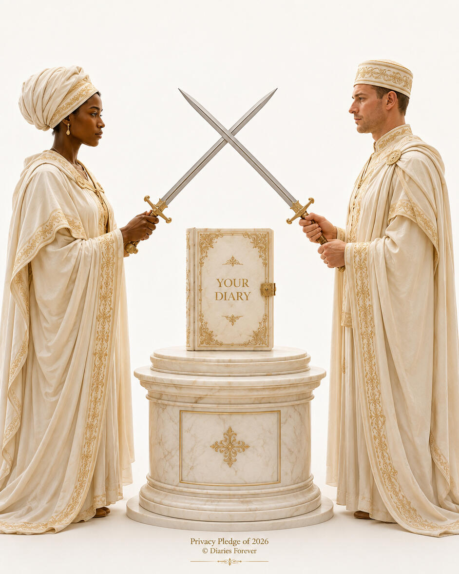 Diaries Forever final Privacy Pledge seal. An ivory-and-gold physical diary marked “Your Diary” rests on a white marble pedestal between two ceremonial guardians. Their swords cross above the diary in an X-shaped protective seal, symbolizing a private lite